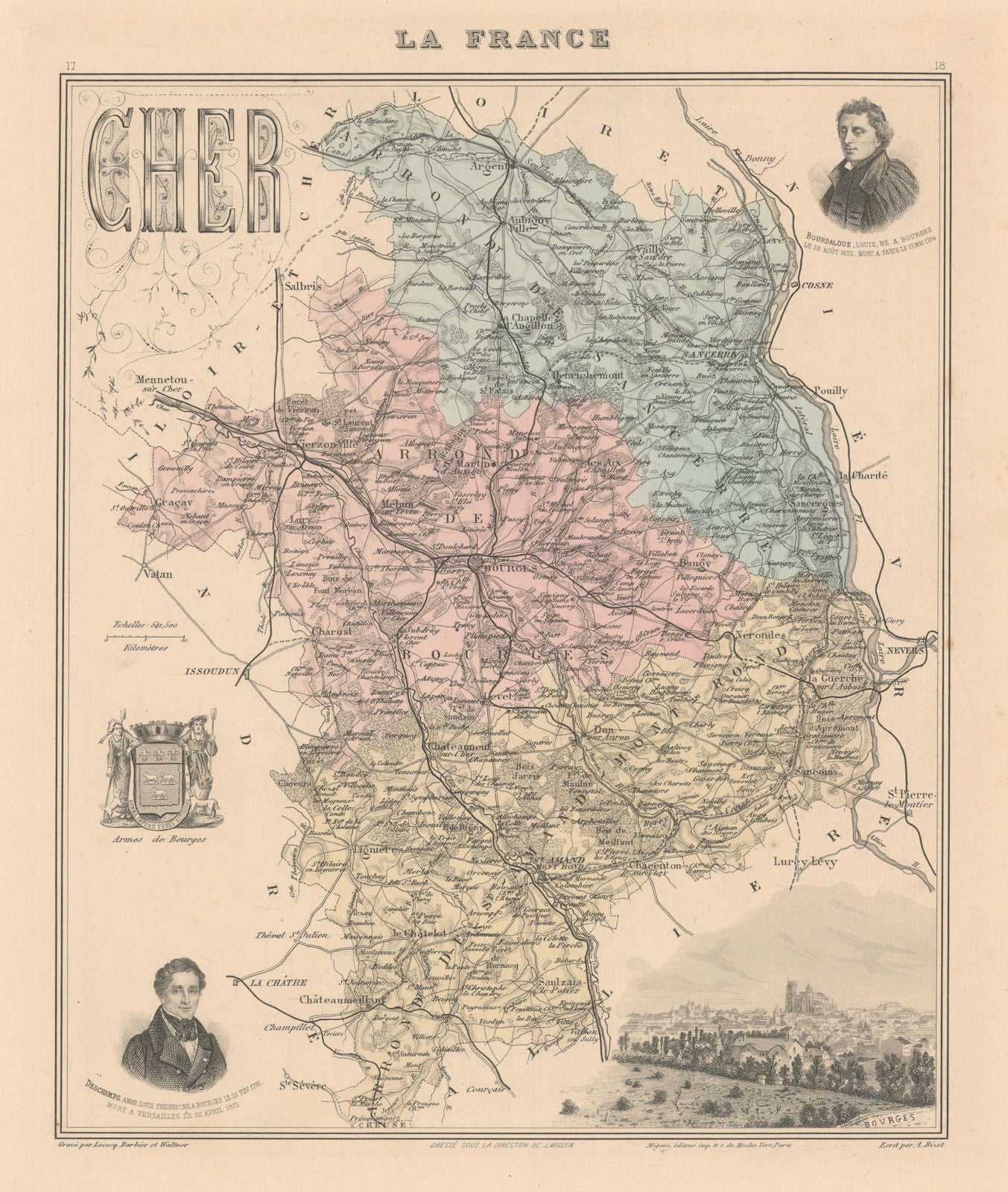 Cher département. Bourges vignette. Vuillemin 1890 old antique map plan chart